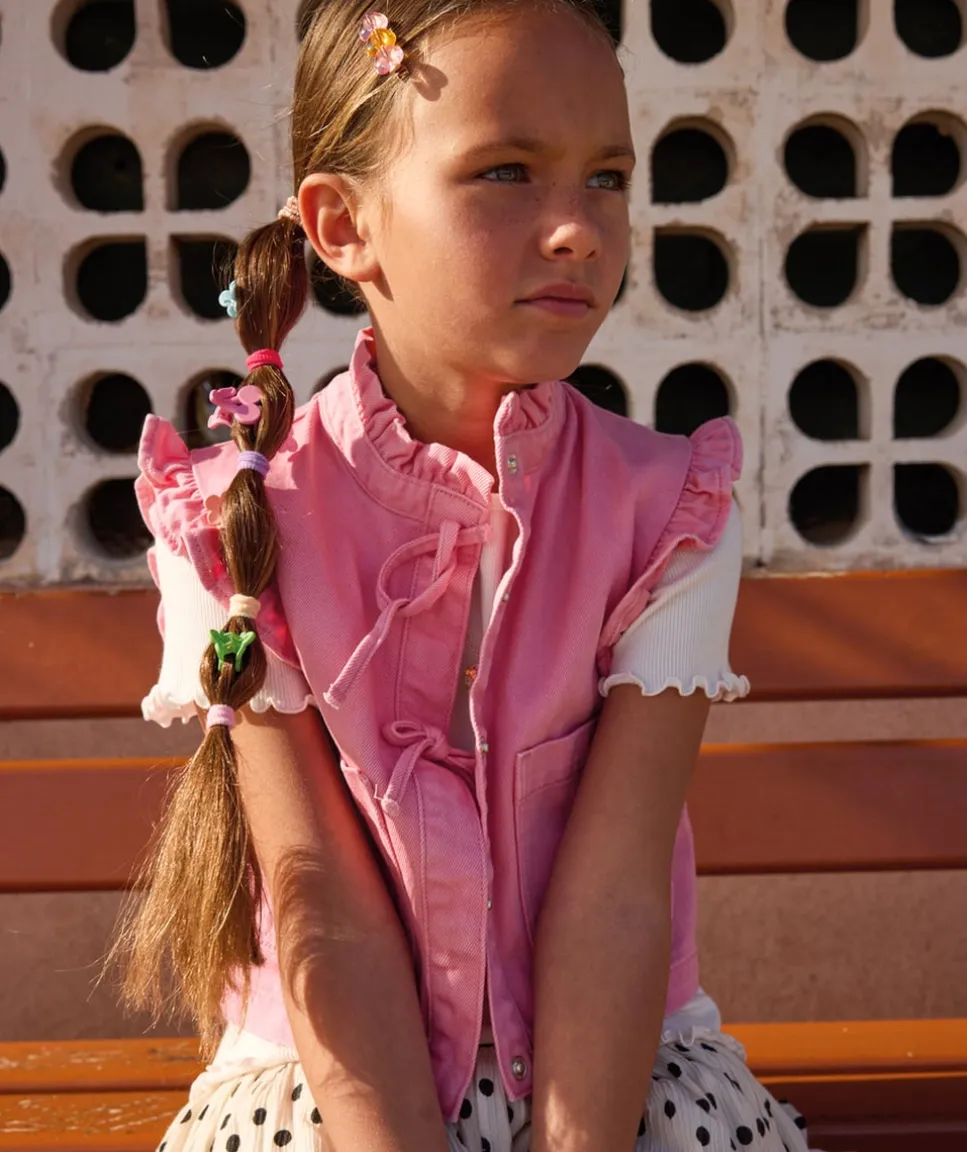 Veste sans manches fille rose à volants