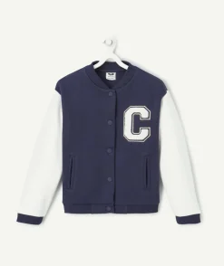 Veste teddy fille en fibres recyclées bleu marine et blanc