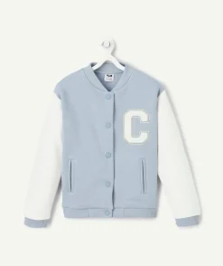 Veste teddy fille en fibres recyclées bleu ciel et blanc