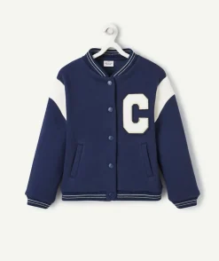 Veste teddy fille en fibres recyclées bleu marine avec patch lettre