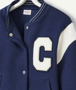 Veste teddy fille en fibres recyclées bleu marine avec patch lettre